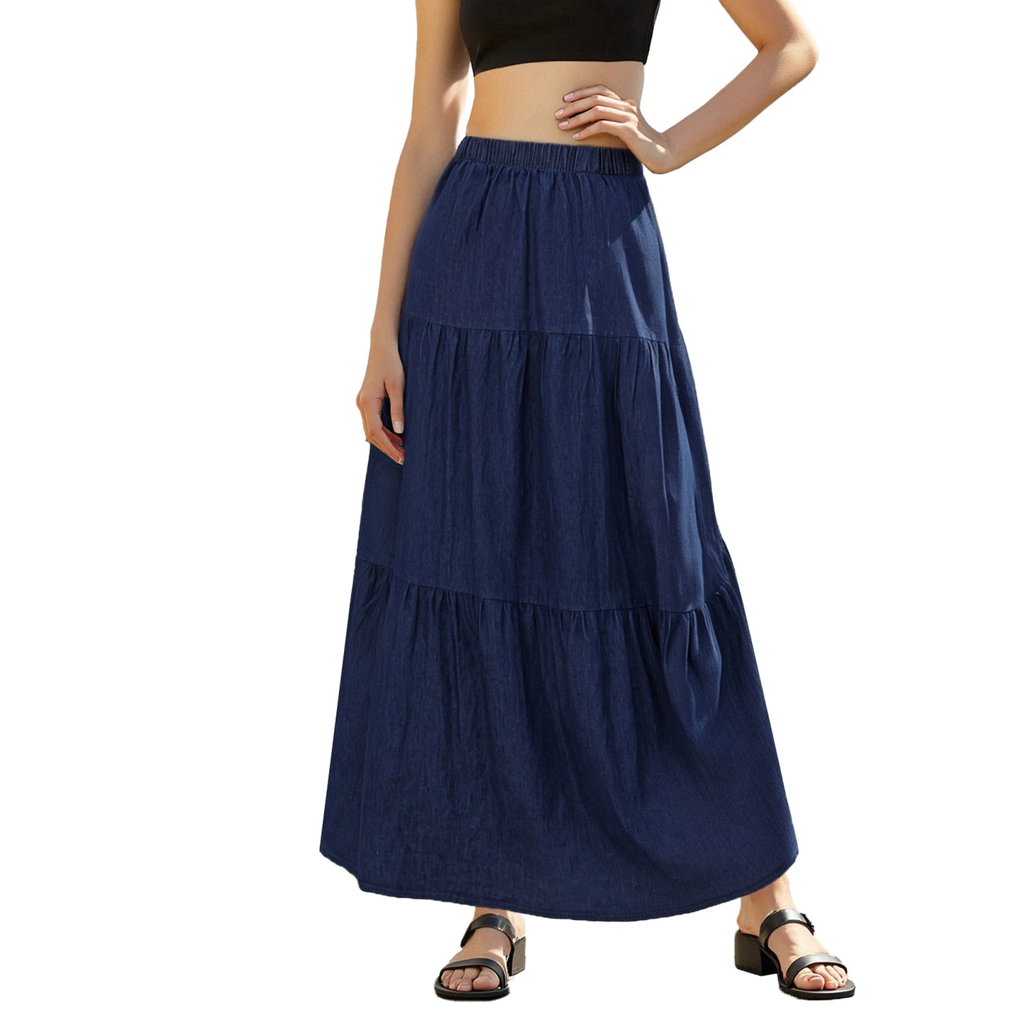 Ladies Denim Skirts with Elastic Waistband in Solid Color Long Length Summer Fashion Casual Jeans Skirt for Streetwear Style