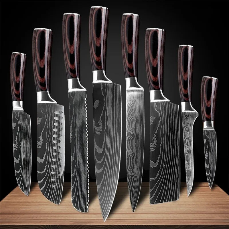 Kitchen Knives Set Laser Damascus Pattern Chef Knife Sharp Cleaver Slicing Utility Knives Tools