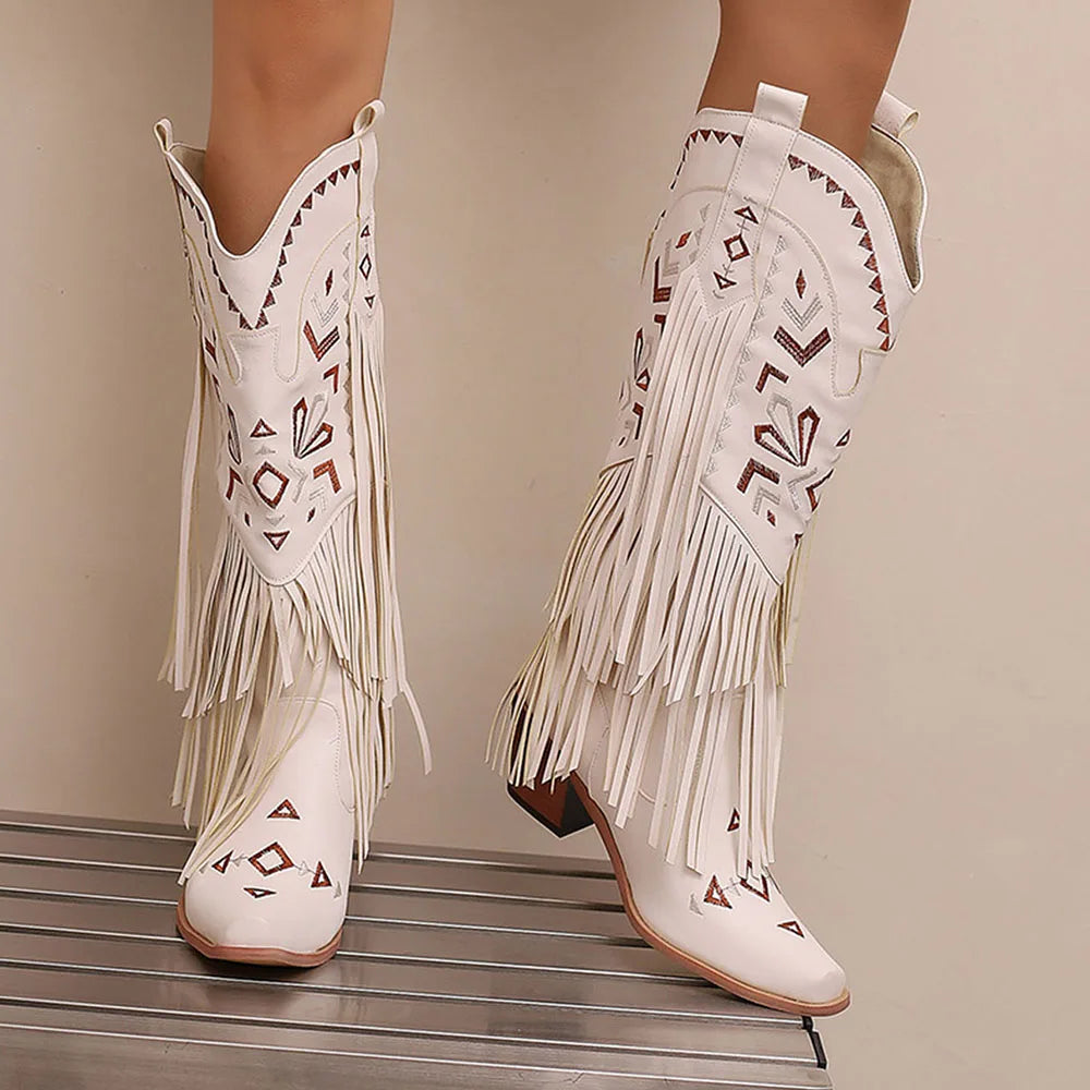 Retro Tassel Embroidered Cowgirl Mid-Calf Women Western Boots Pointed Toe Chunky High Heel