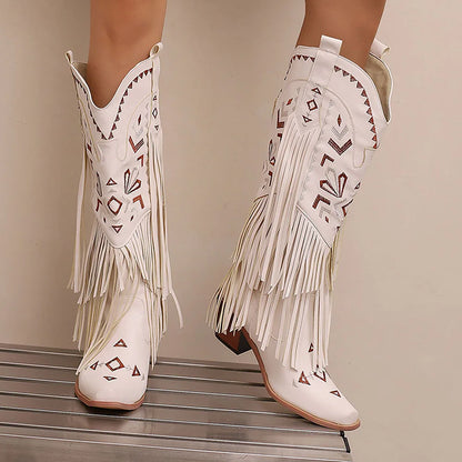 Retro Tassel Embroidered Cowgirl Mid-Calf Women Western Boots Pointed Toe Chunky High Heel