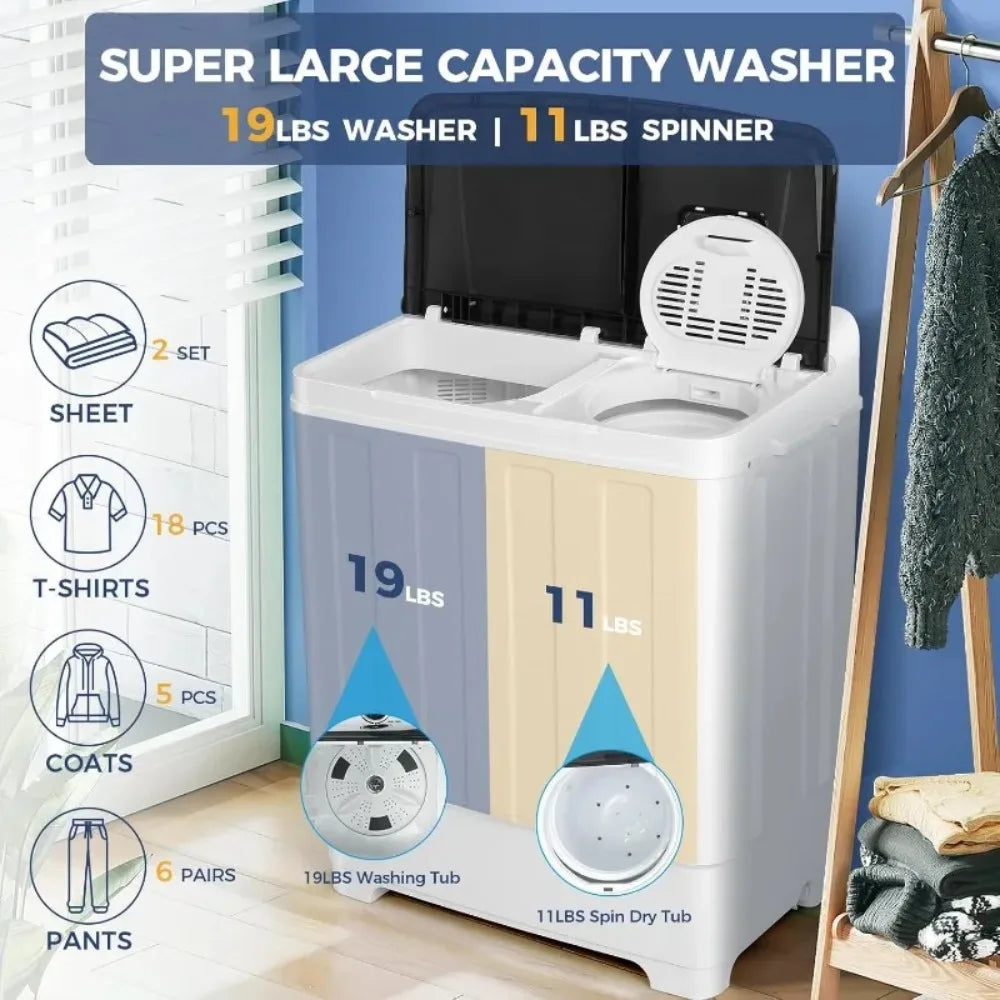 30Lbs Capacity Portable Washing Machine Twin Tub Compact with Built-in Drain Pump, and Spin Dry.