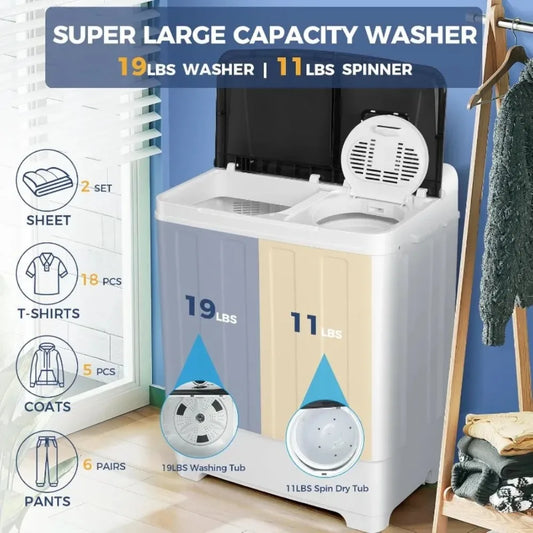 30Lbs Capacity Portable Washing Machine Twin Tub Compact with Built-in Drain Pump, and Spin Dry.