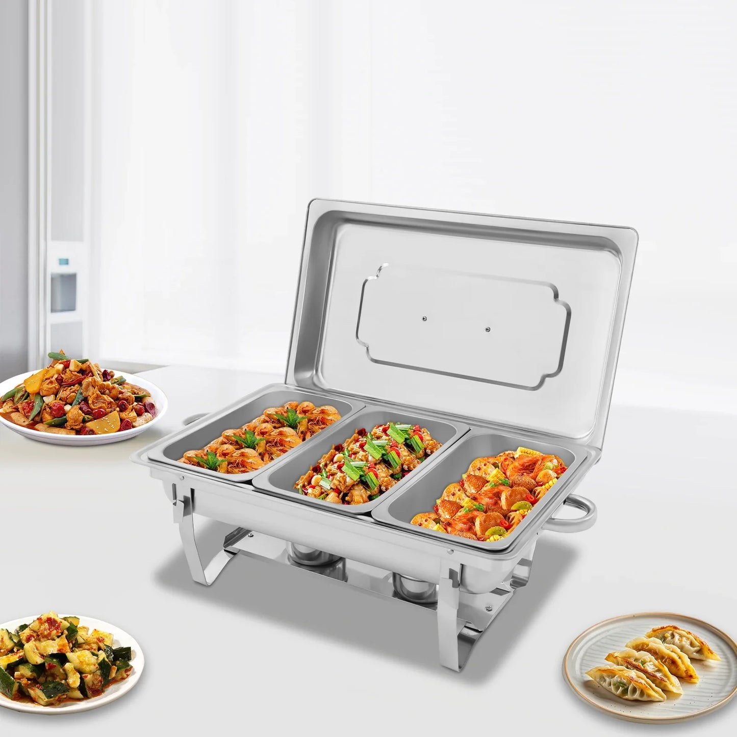 Chafing Dish Buffet Set, Self-service Stove Food Plates Stainless Steel Buffet Dishes with 3 Food Compartments