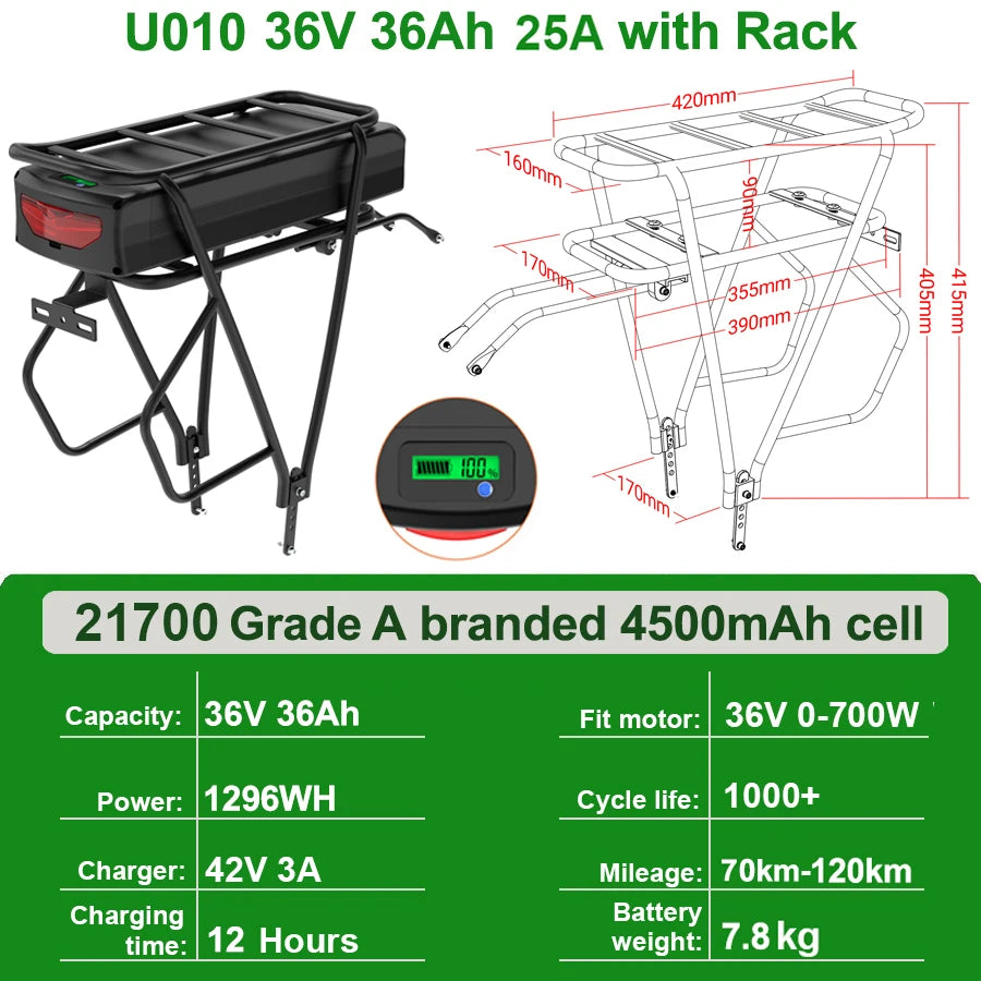 Rear Rack eBike Battery 52V 48V 27Ah 72V 20Ah with Rack no Rack Optional for 1500W 1000W 750W 500W 24"-28 inch