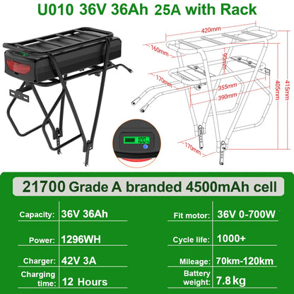 Rear Rack eBike Battery 52V 48V 27Ah 72V 20Ah with Rack no Rack Optional for 1500W 1000W 750W 500W 24"-28 inch
