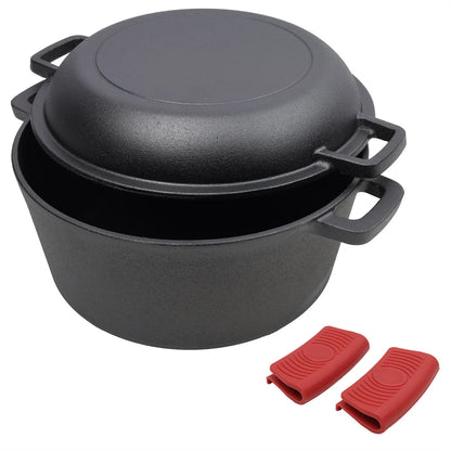 2 in 1 Pre-Seasoned Cast Iron Dutch Oven With Dual Handles,