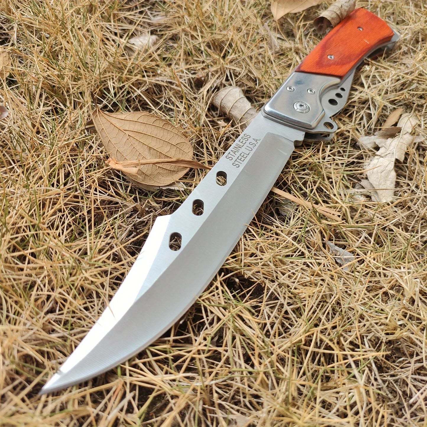 10.63" Folding Knife with 5.71" 7CR13MOV Steel Blade, Red Sandalwood and Steel Handle, Outdoor Hunting and Camping