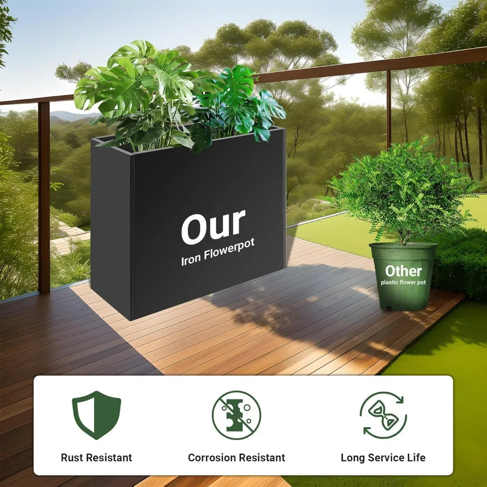 -Sturdy Tall Black Metal Planter Box, 36 x 12 x 26 with Removable Shelf for Outdoor Spaces