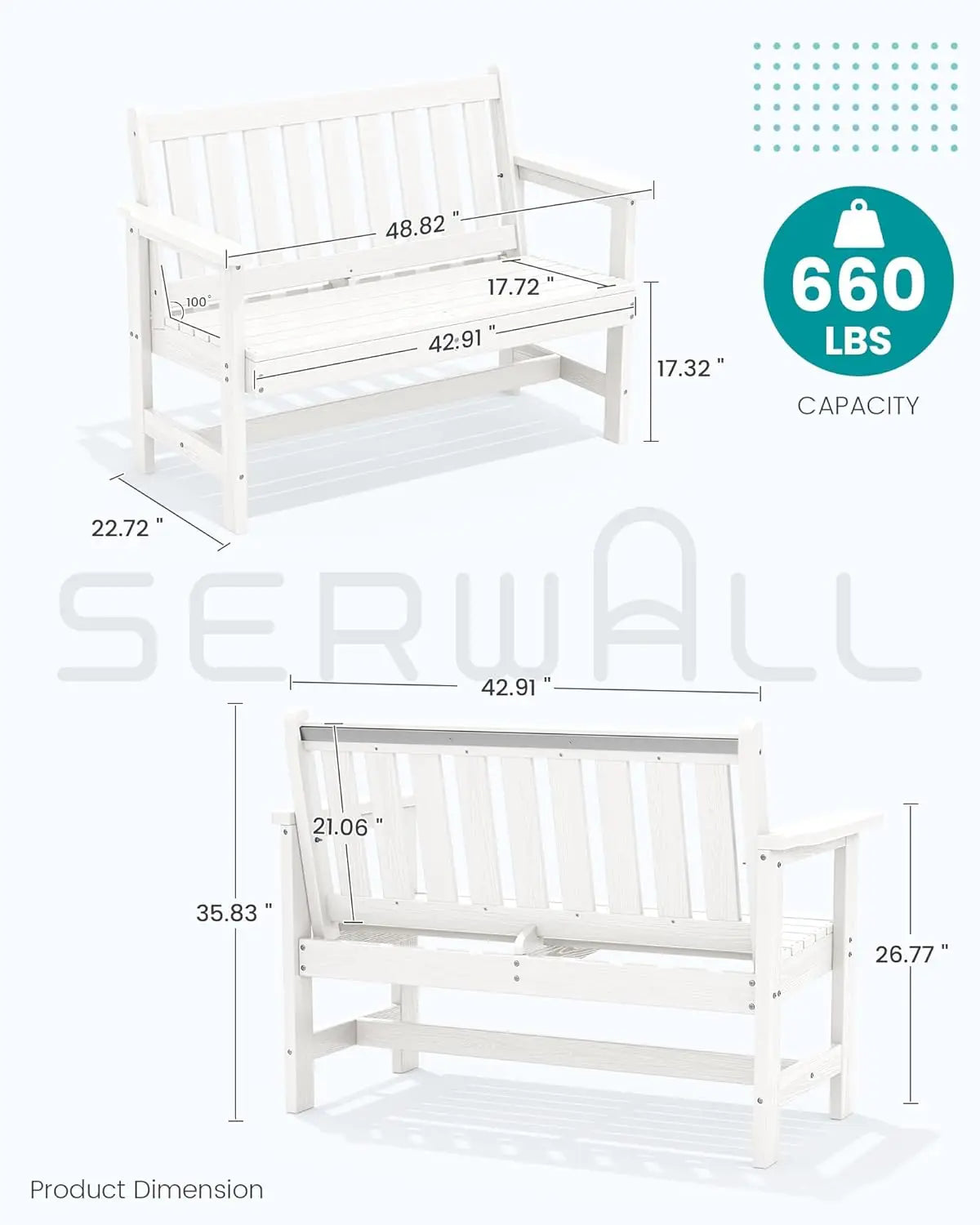 Outdoor Benches Weatherproof, 2-Person with 660 lbs Weight Capacity, Patio