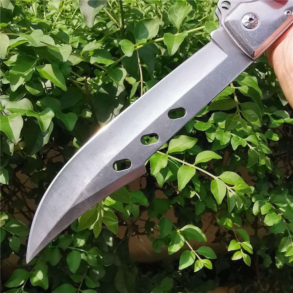 10.63" Folding Knife with 5.71" 7CR13MOV Steel Blade, Red Sandalwood and Steel Handle, Outdoor Hunting and Camping