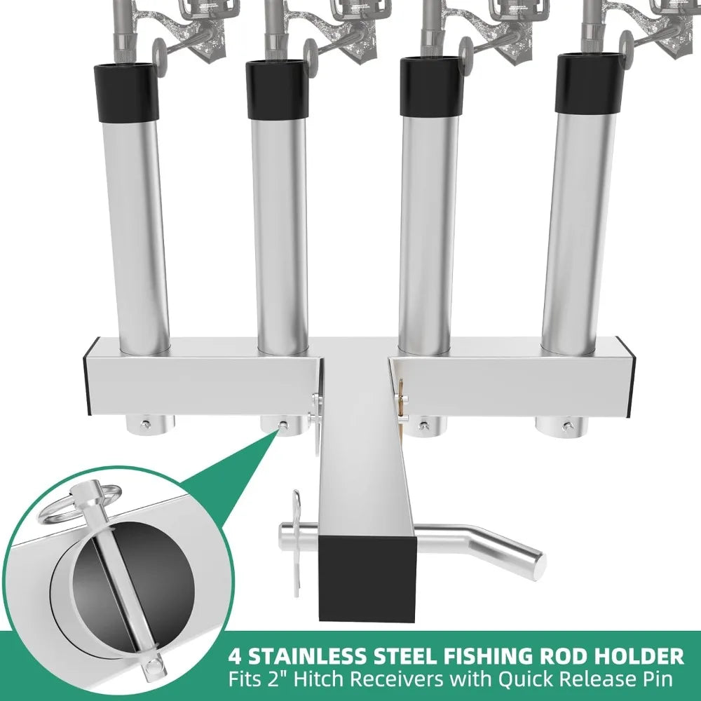 Stainless Steel Fishing Rod Holder 4 Link Tubes, 2" Trailer Hitch Receiver