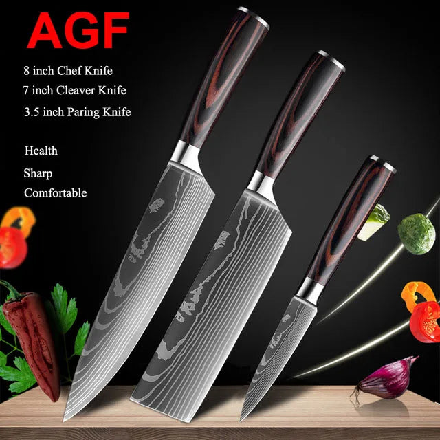 Kitchen Knives Set Laser Damascus Pattern Chef Knife Sharp Cleaver Slicing Utility Knives Tools