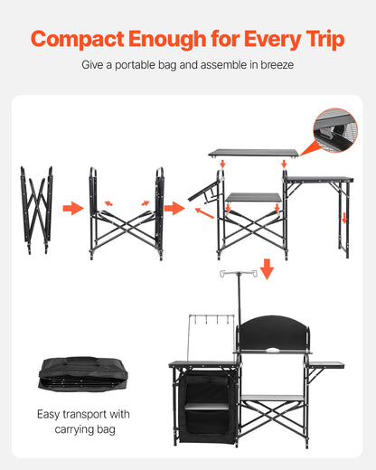 Kitchen Table Folding  Aluminum Portable Cook Station with Cupboard, Carrying Bag Windscreen