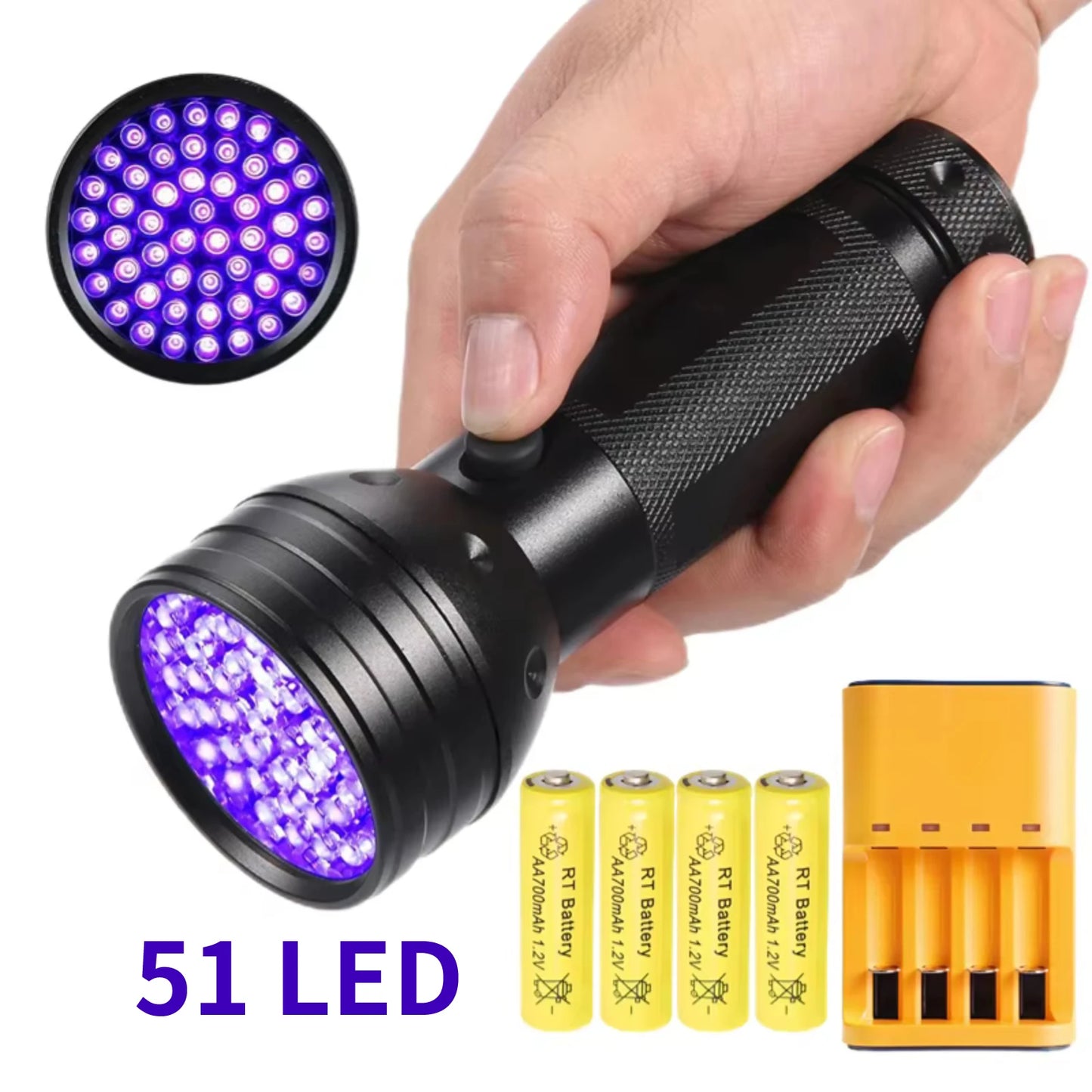 51 LED UV Flashlight Blacklight with 4-Slot Charger and AA Rechargeable Batteries
