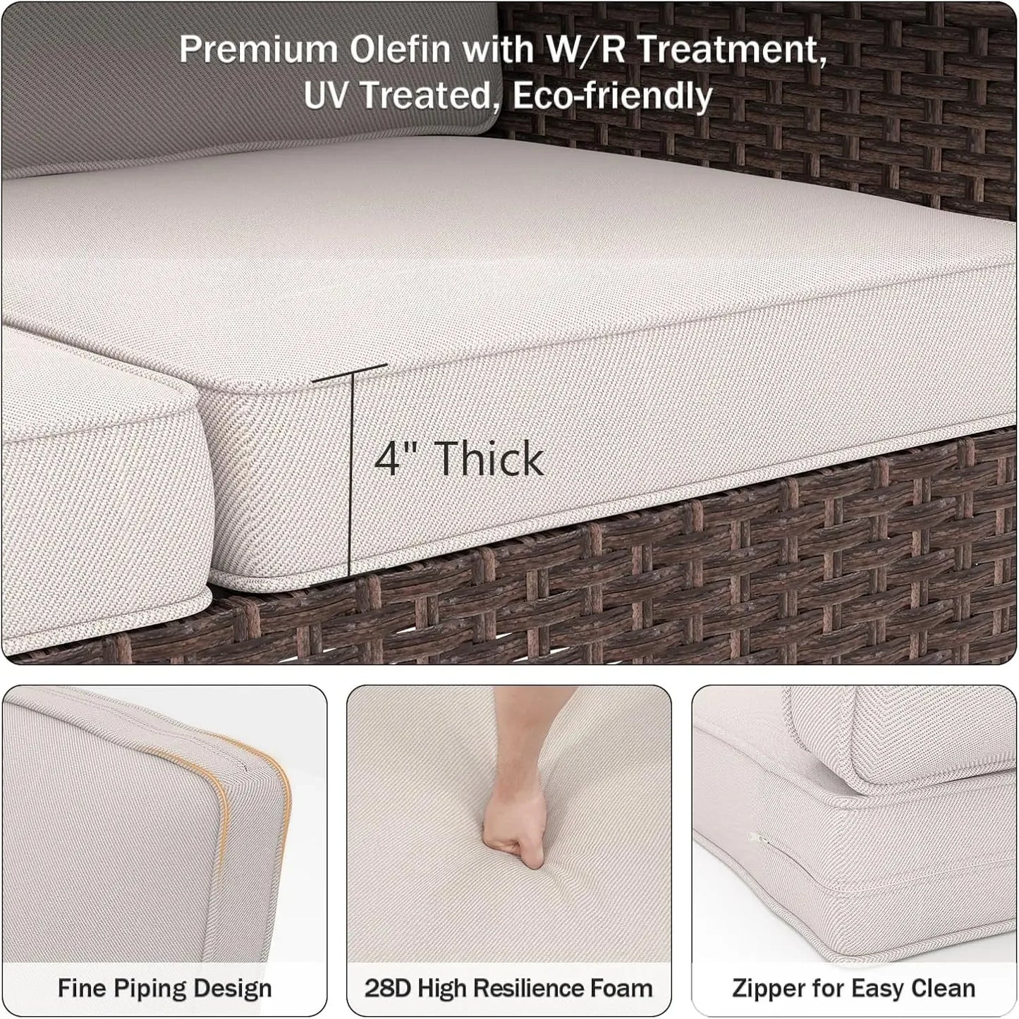 Outdoor Chair Cushions, 24" x 23" High-Density Foam & Removable Zipper Cover- Beige