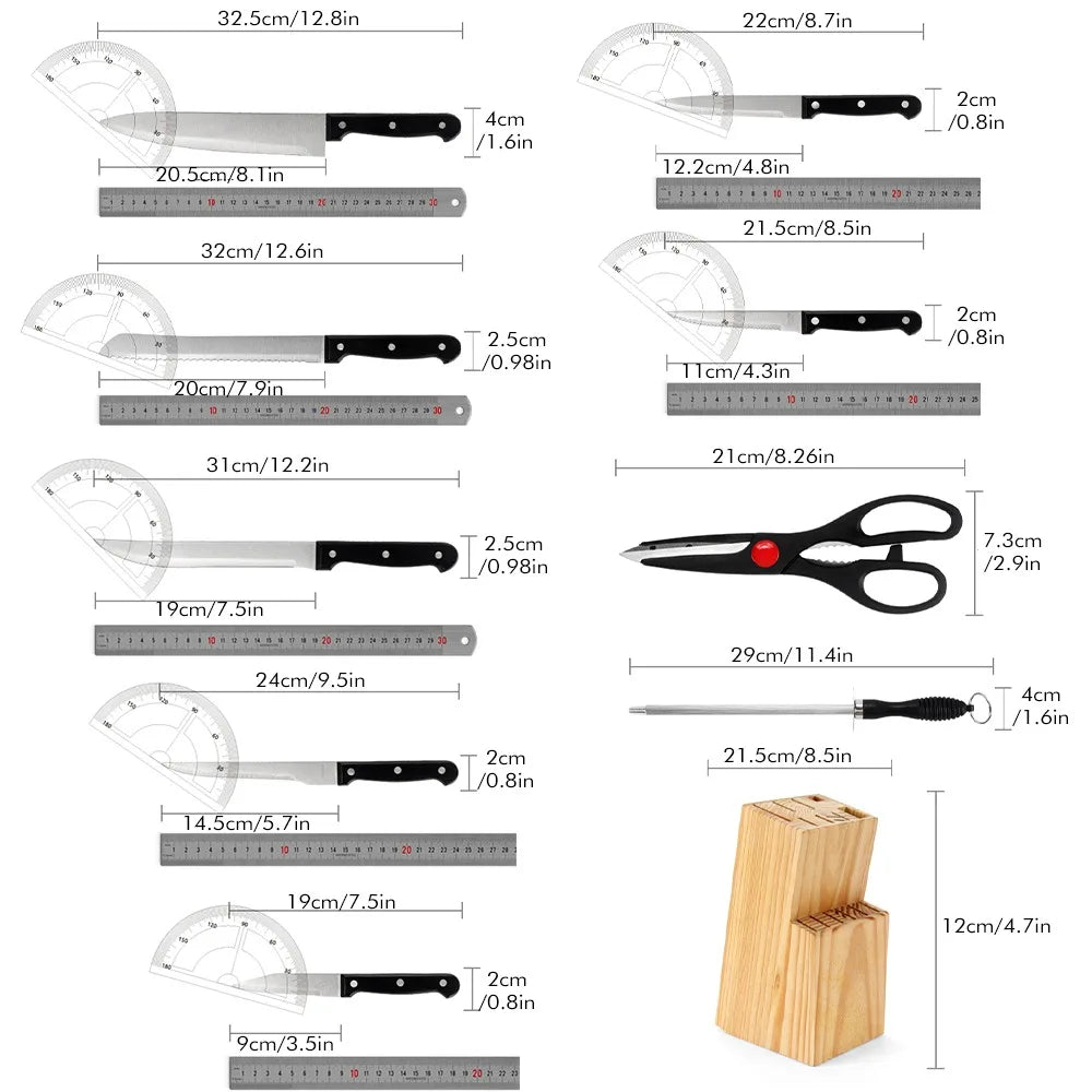 Full 15pcs Chef Knife Set Stainless Steel  with Scissors,Sharpening Rod,Solid Wood Holder Cooking Tool