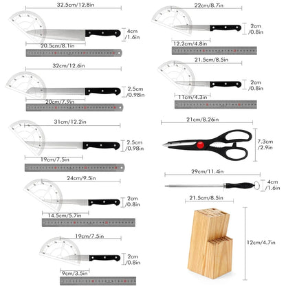 Full 15pcs Chef Knife Set Stainless Steel  with Scissors,Sharpening Rod,Solid Wood Holder Cooking Tool
