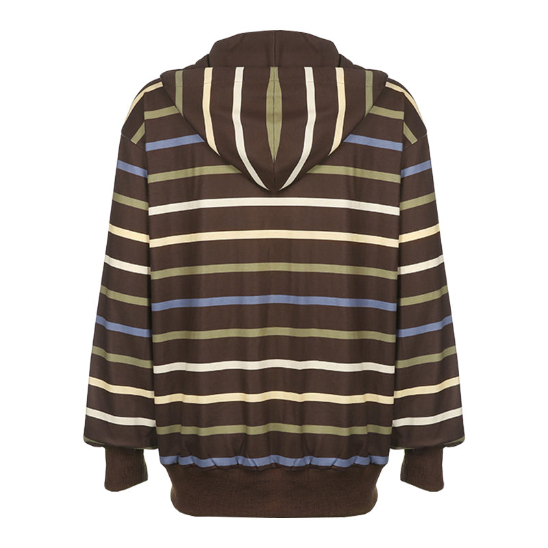 Women Zip Up Drawstring Hoodie Casual Striped Long Sleeve Sweatshirt Jacket