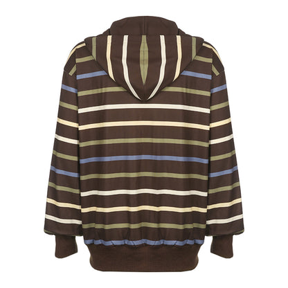 Women Zip Up Drawstring Hoodie Casual Striped Long Sleeve Sweatshirt Jacket