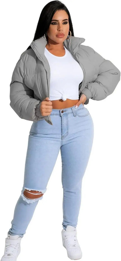 Puffer Jacket Womens Cropped Zip Casual Cotton Coat Padding Warm Jackets Winter Coats