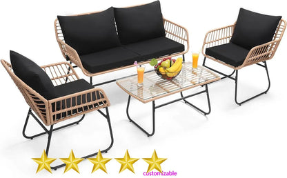 4 Piece Patio Outdoor Furniture Set, Wicker Sofa, 2 Rattan Chairs, and Table All Weather