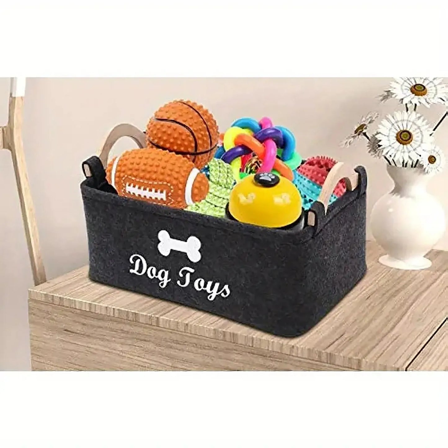 Soft Plush Dog Toy Storage Basket With Wooden Handle