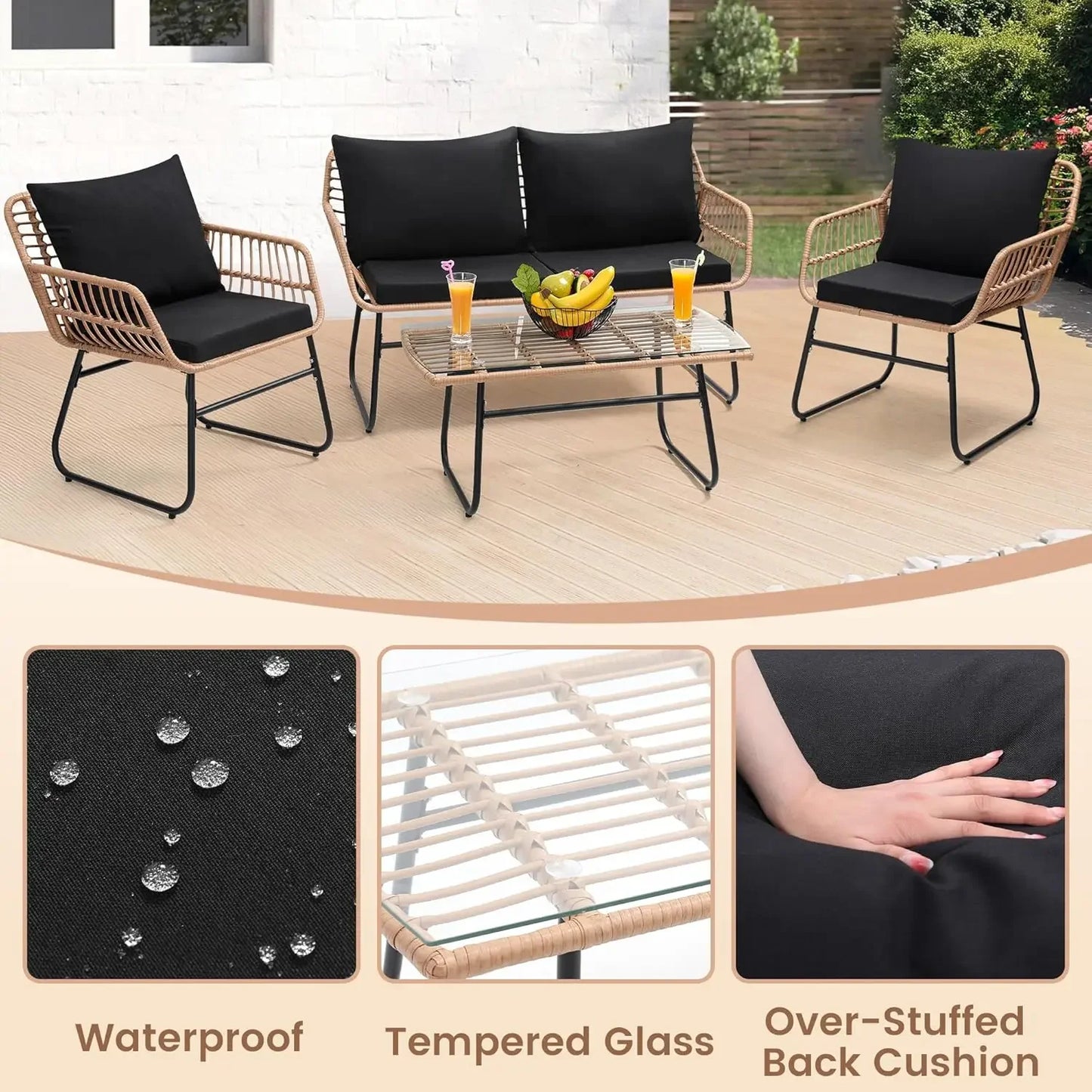 4 Piece Patio Outdoor Furniture Set, Wicker Sofa, 2 Rattan Chairs, and Table All Weather