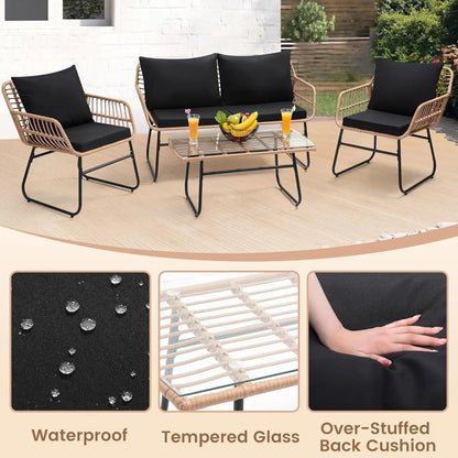 4 Piece Patio Outdoor Furniture Set, Wicker Sofa, 2 Rattan Chairs, and Table All Weather