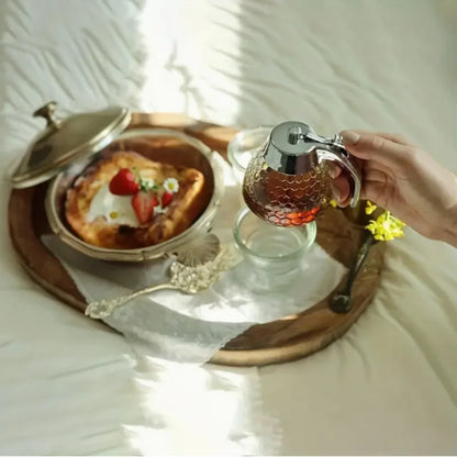 Leak-Proof Honey Dispenser with Rack for Syrup, Sauces, Seasonings - Durable, Easy to Clean, Multi-Purpose Plastic Design for Ki