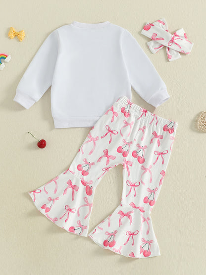 Toddler Girls Adorable Clothing Set with Cherry Embroidery Sweatshirt Bow Print Flared Pants and Matching Headband - 3 Piece