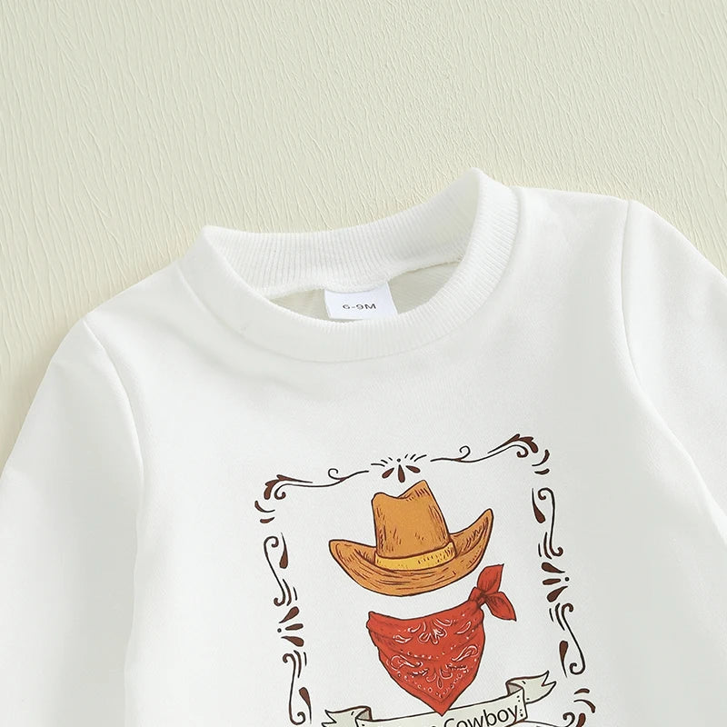 Toddler Cowboy Style Outfit Set with Printed Hat Long Sleeve Sweatshirt and Elastic Pants for Baby Boys - 2 Piece Western