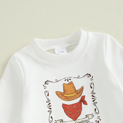 Toddler Cowboy Style Outfit Set with Printed Hat Long Sleeve Sweatshirt and Elastic Pants for Baby Boys - 2 Piece Western