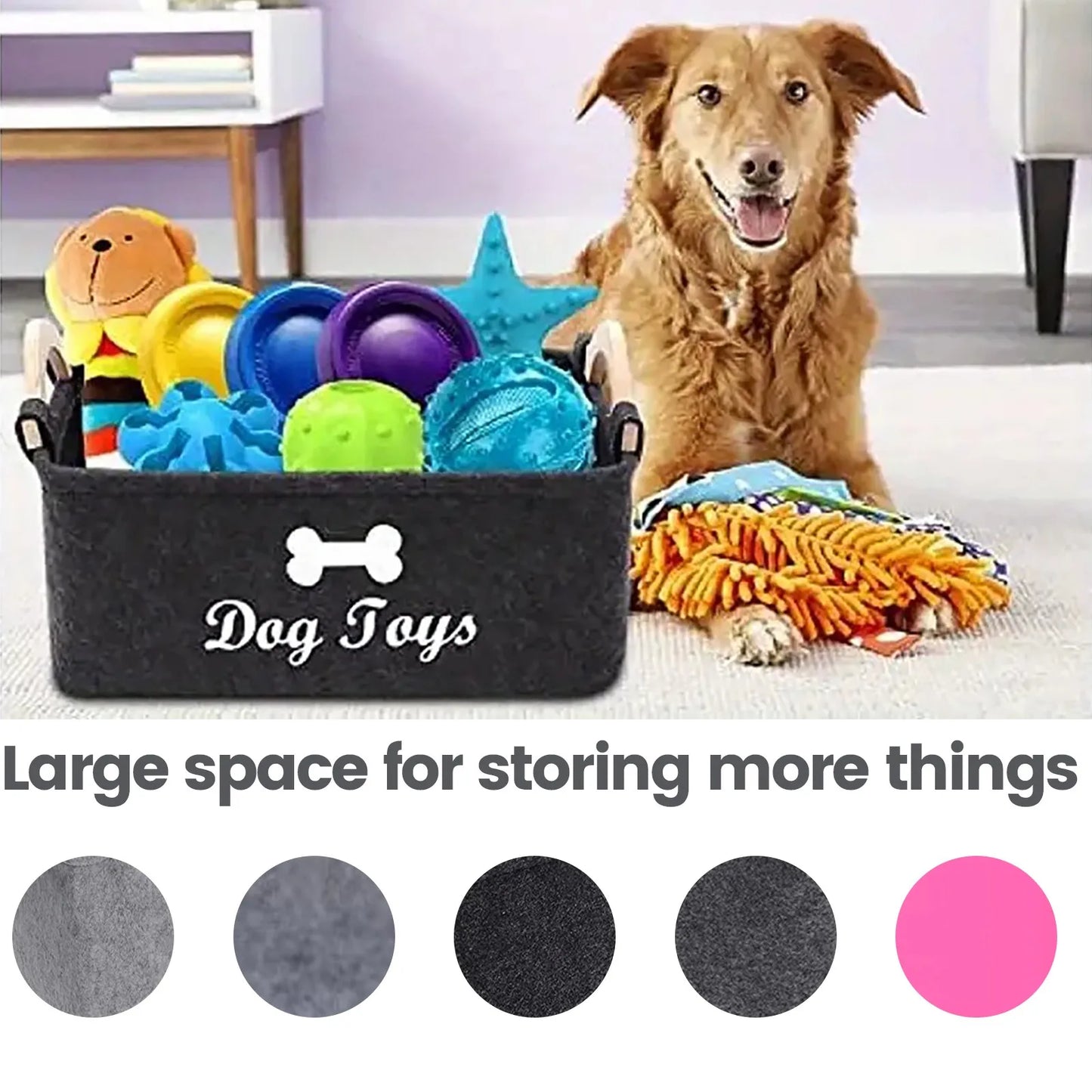 Soft Plush Dog Toy Storage Basket With Wooden Handle