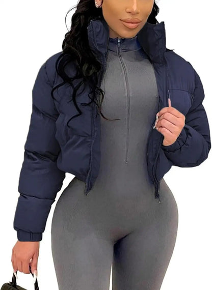 Puffer Jacket Womens Cropped Zip Casual Cotton Coat Padding Warm Jackets Winter Coats