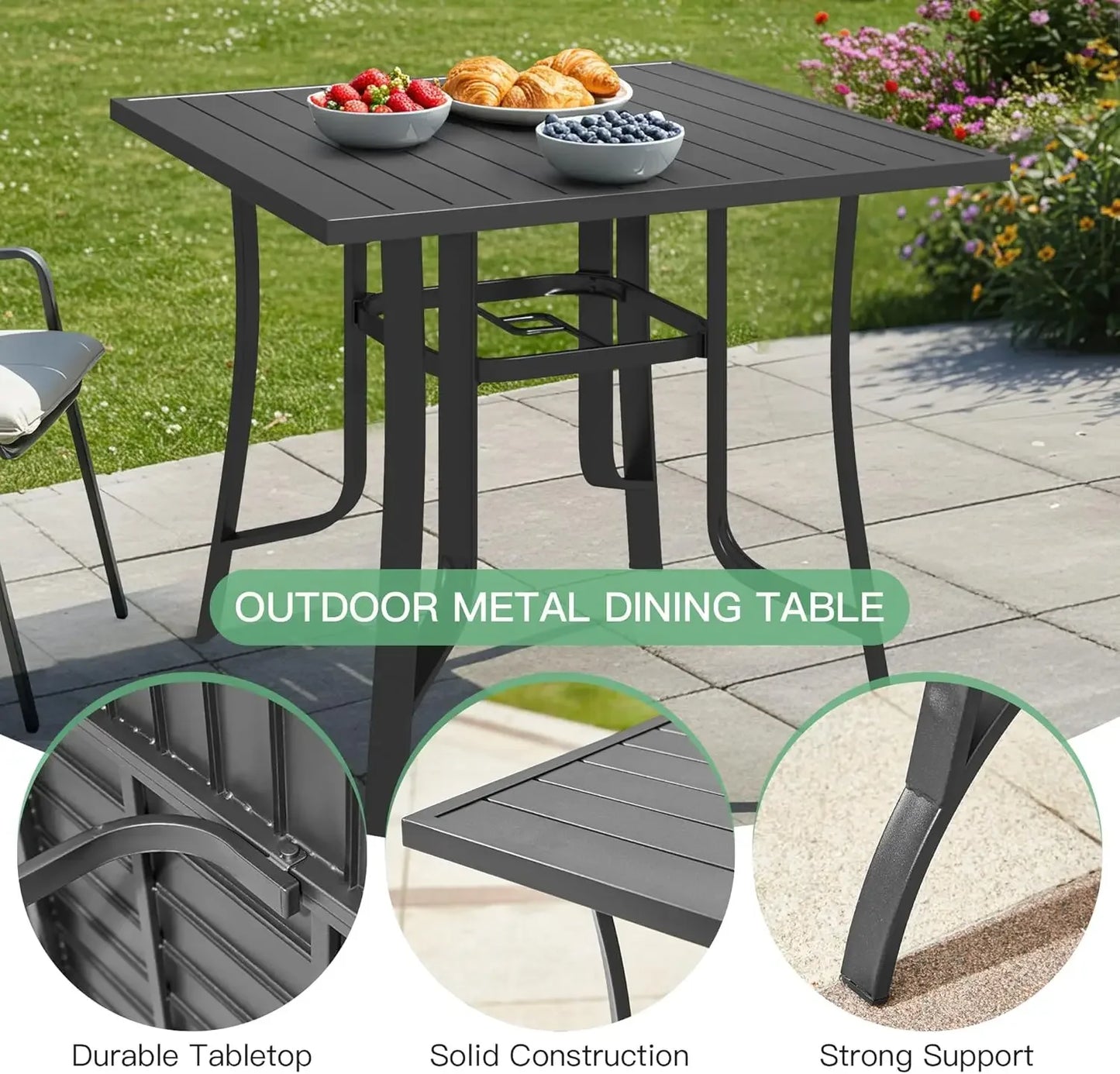 5 Pieces Patio Set, Outdoor Square Metal Dining Table with 4 Dining Chairs