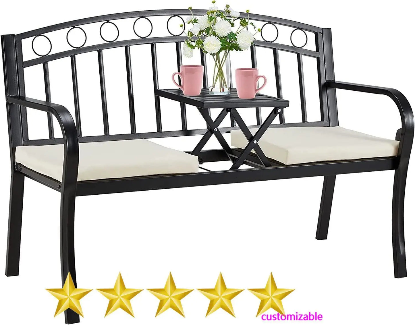 Outdoor Metal Garden Bench, 2-Seat  with Steel Frame, w/Pullout Middle Table＆ Cushion