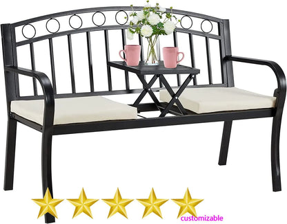 Outdoor Metal Garden Bench, 2-Seat  with Steel Frame, w/Pullout Middle Table＆ Cushion