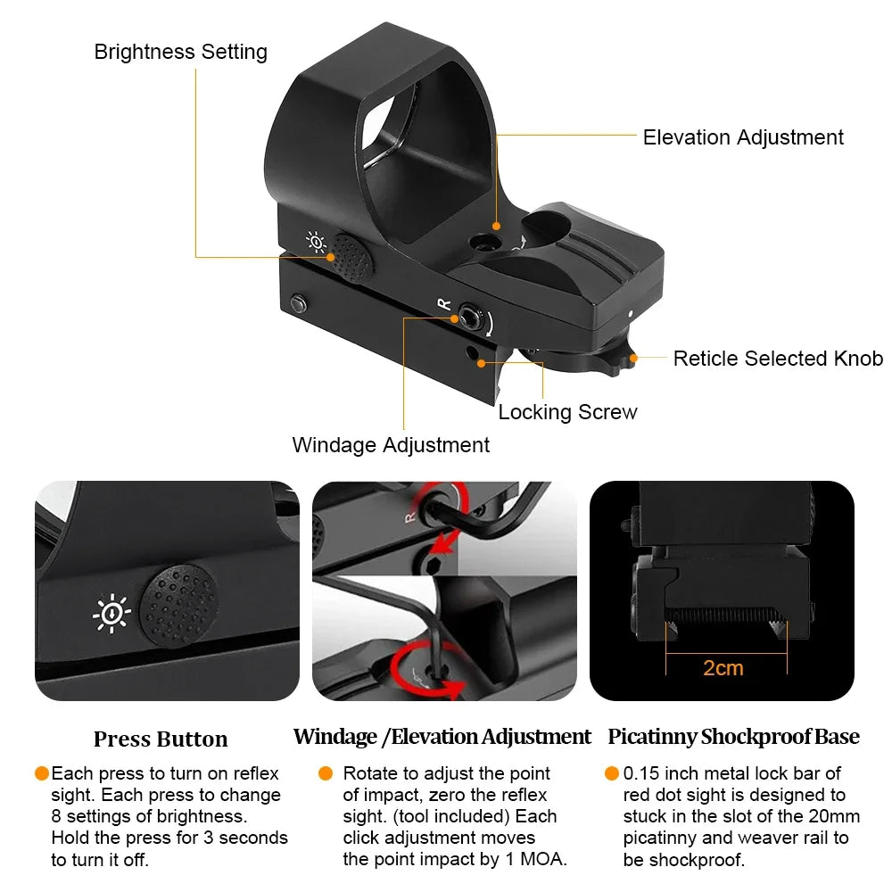 MINI Red Dot Sight Tactical Optics 20mm Rail Compatible Four Points of Change Hunting Riflescope for Glock