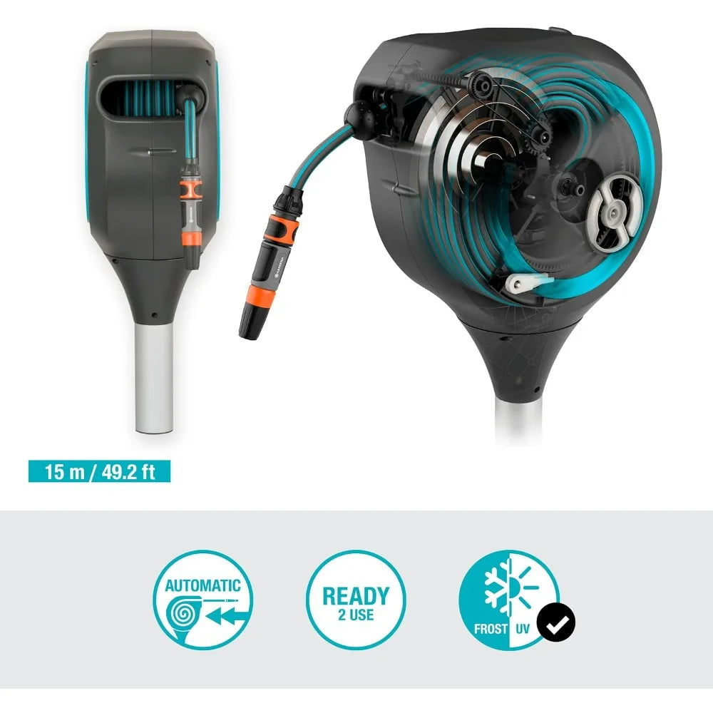 "50-foot 1/2-inch retractable garden hose reel with metal stake for outdoor use and easy swivel for convenient watering"