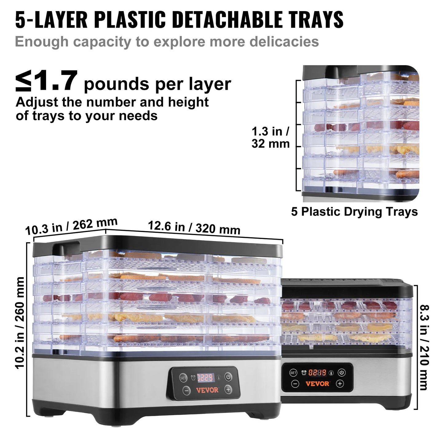 5 Tray Food Dehydrator Stainless Steel Electric Food Dryer w/ Digital Adjustable Timer & Temperature