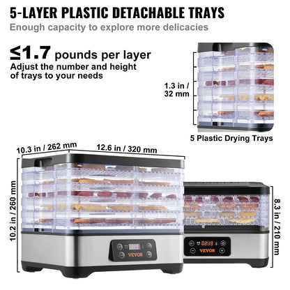 5 Tray Food Dehydrator Stainless Steel Electric Food Dryer w/ Digital Adjustable Timer & Temperature