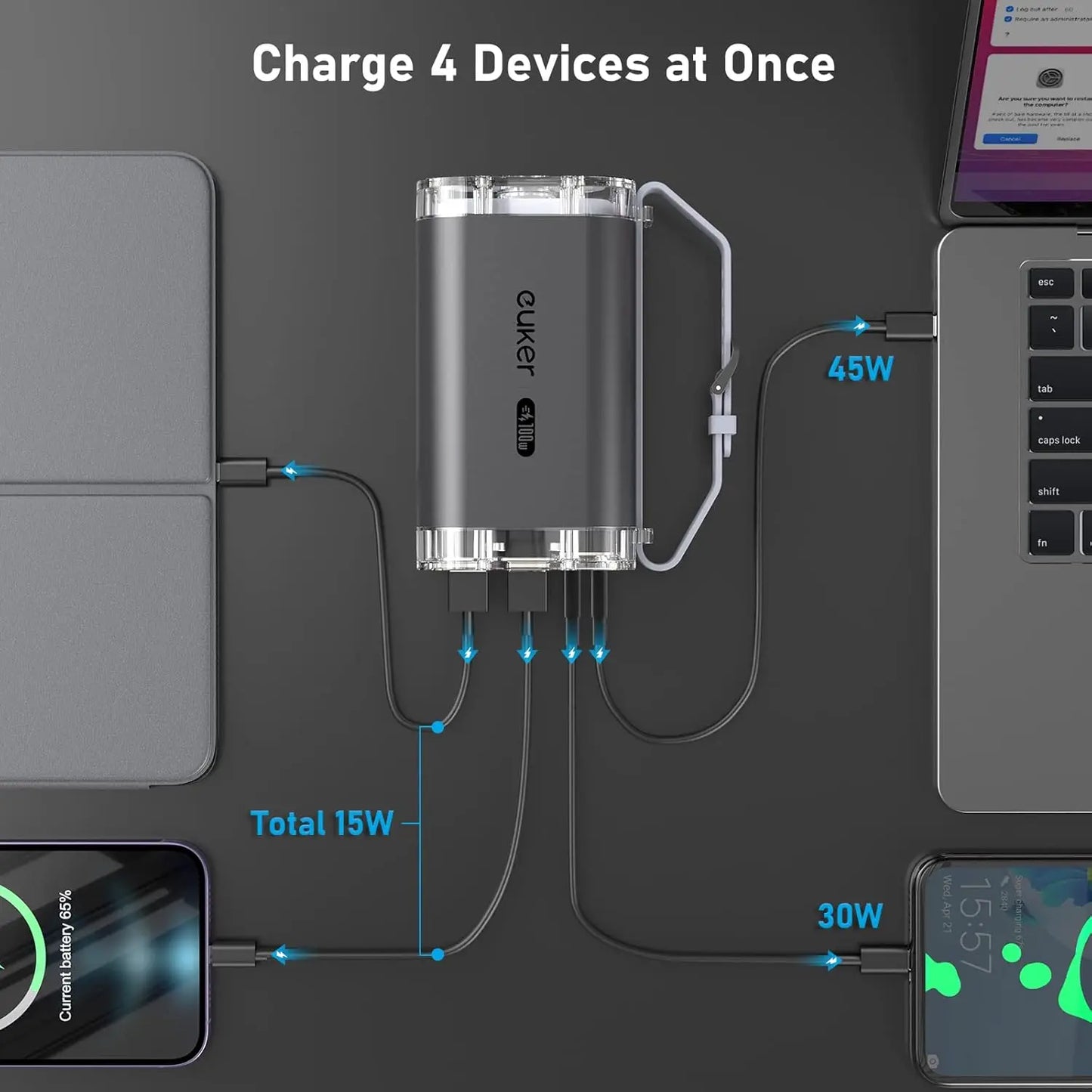 Power Bank 100W Portable Charger 4 Ports with LED Lights