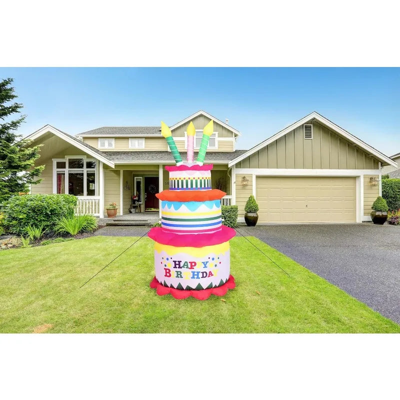 6-Ft. Inflatable Happy Birthday Cake With Lights, Outdoor Blow-Up Festive Celebration Party Decor With Blower,