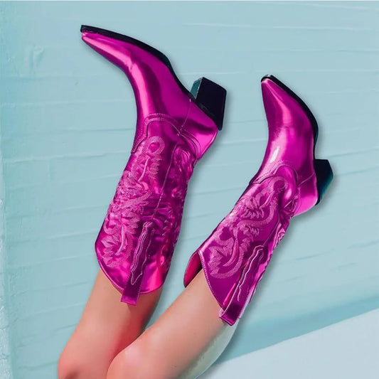 Embroidered Women Mid-Calf Western Boots Block High Heel Pointed Toe Pull-On Shoes