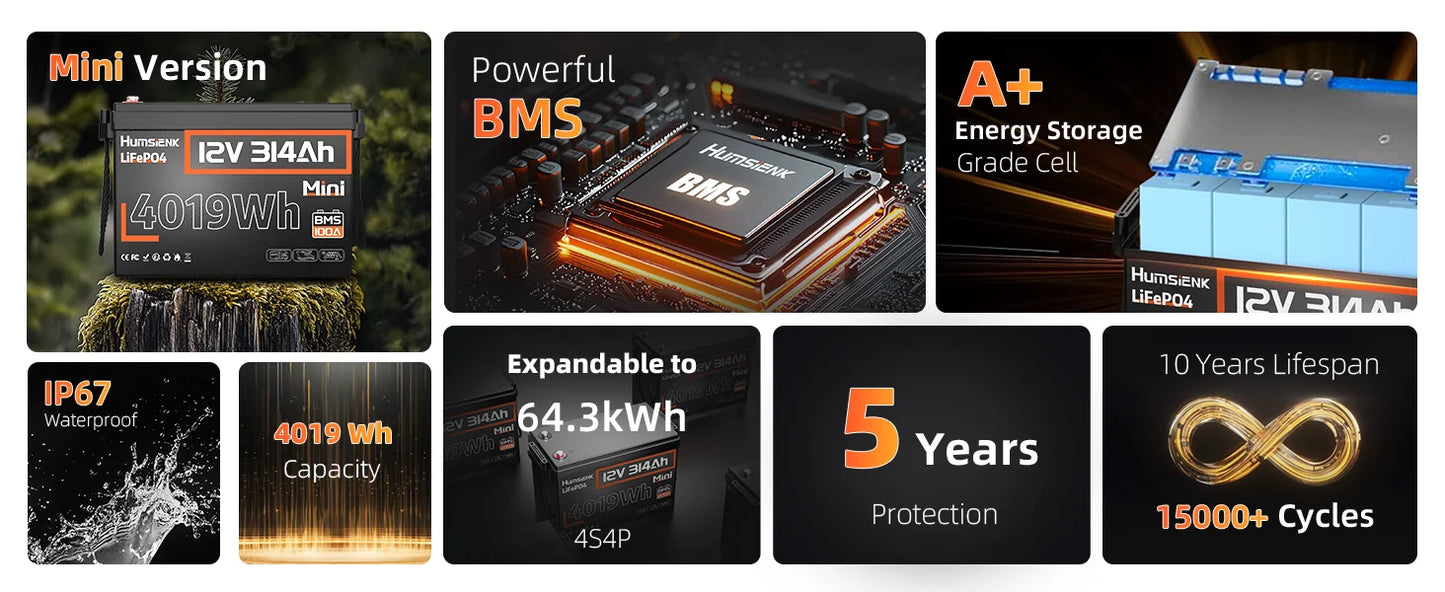 Lithium Iron Phosphate Battery 12V 314Ah With 100A BMS For RV/ Vans/ Golf Cart/ Camping/ Marine/  Boats/ Fishing