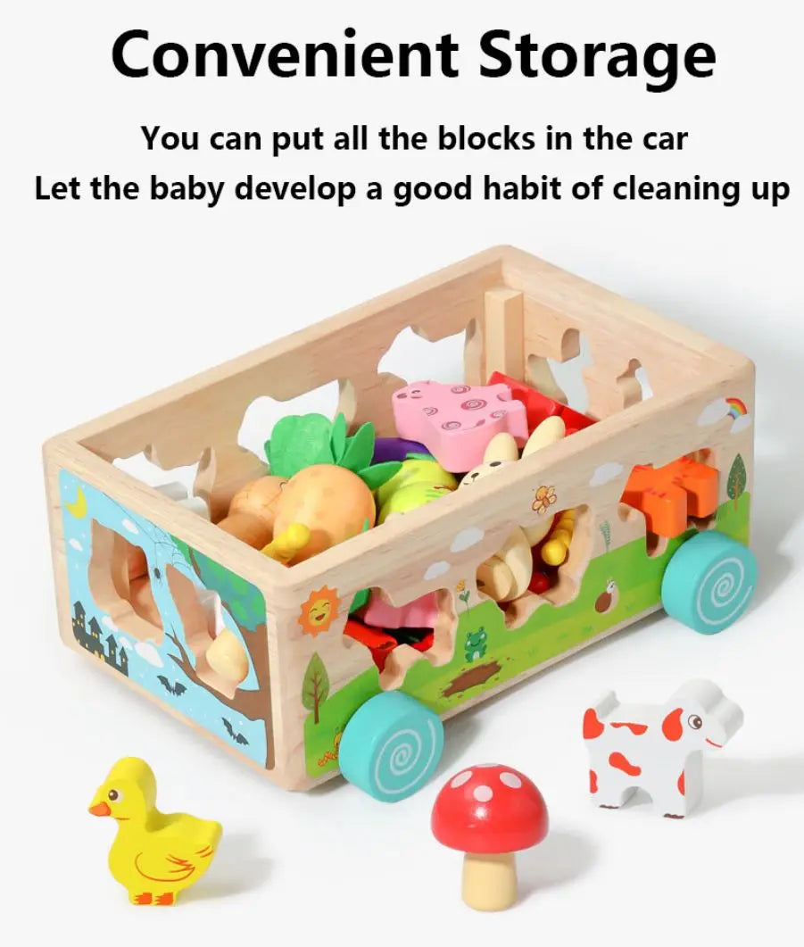 Wooden Shape Assortment Matching Children Toys Animals Game Cart Building Blocks Kids Christmas Gifts