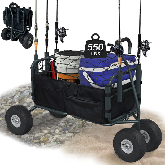 Fishing, Beach, Carts Heavy Duty Foldable Collapsible Wagon with Big Wheels and Rod Holders 550 Pound Capacity 53.9"x26.4"x38