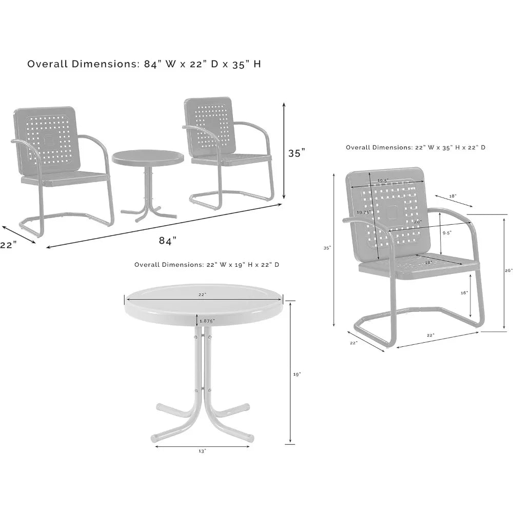 3-Piece Outdoor Bistro Set with Retro Metal Chairs and Side Table, White Gloss Finish