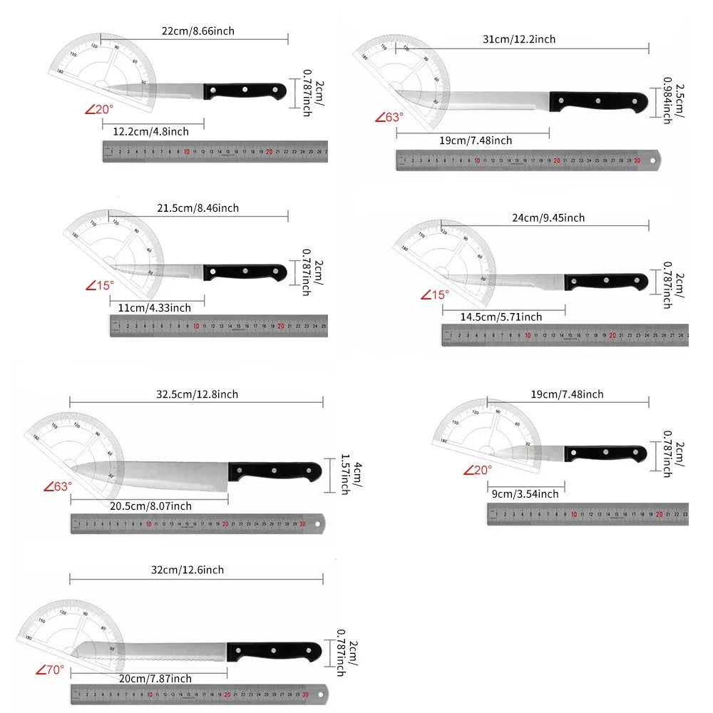 Full 15pcs Chef Knife Set Stainless Steel  with Scissors,Sharpening Rod,Solid Wood Holder Cooking Tool