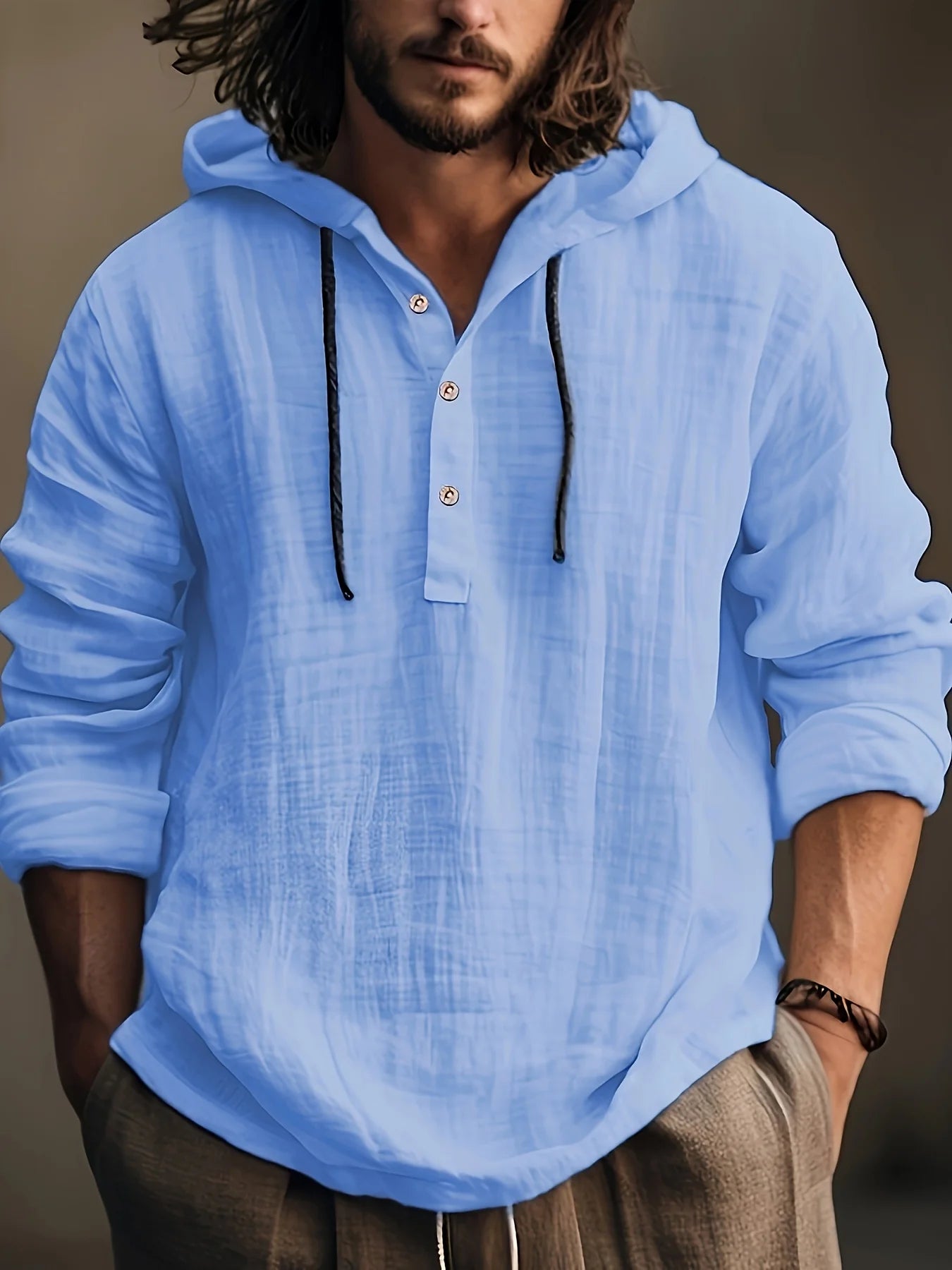 Men's cotton and linen shirt with hooded sweatshirt long sleeve casual and comfortable daily wear